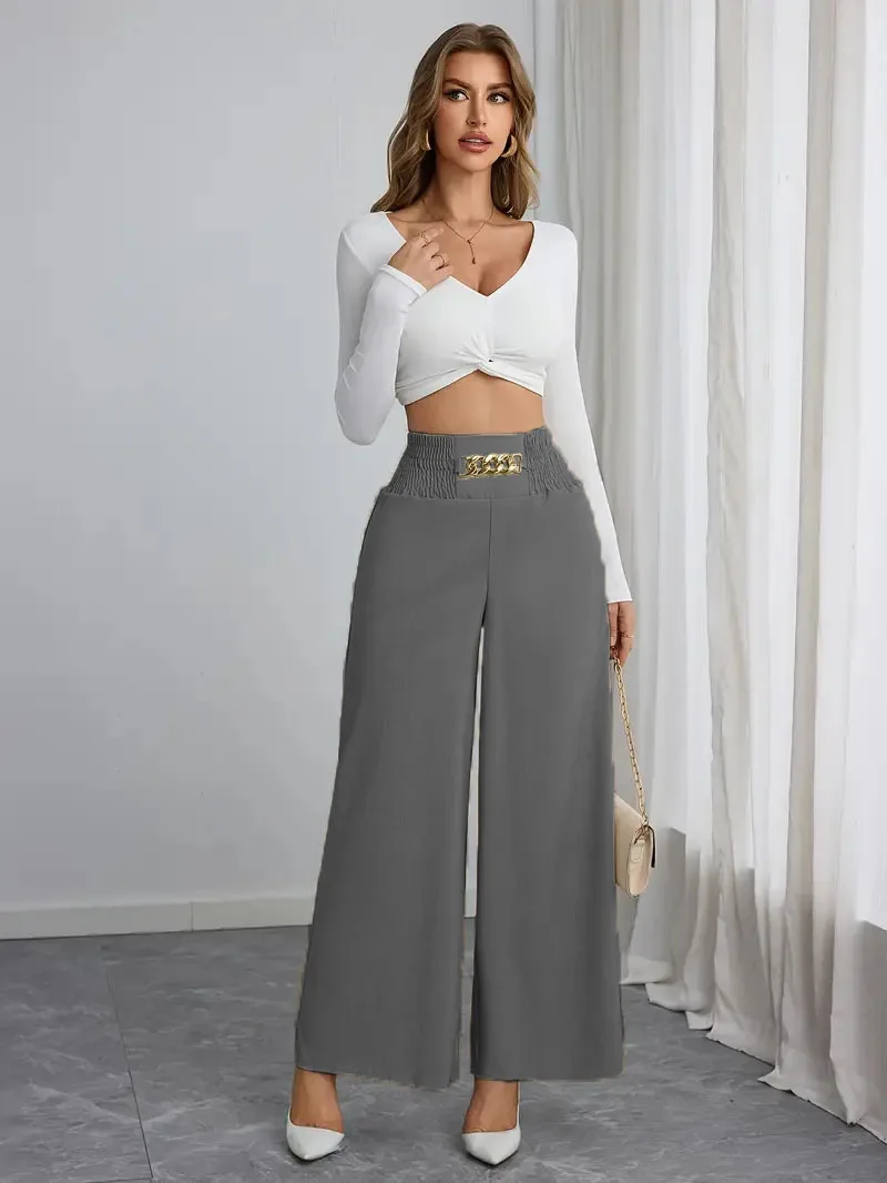 New Women's Trousers Thin High Waist Chain Elastic Waist Khaki Elegant Office Black Casual Wide-leg Pants for Female
