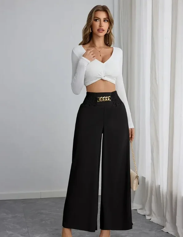 New Women's Trousers Thin High Waist Chain Elastic Waist Khaki Elegant Office Black Casual Wide-leg Pants for Female