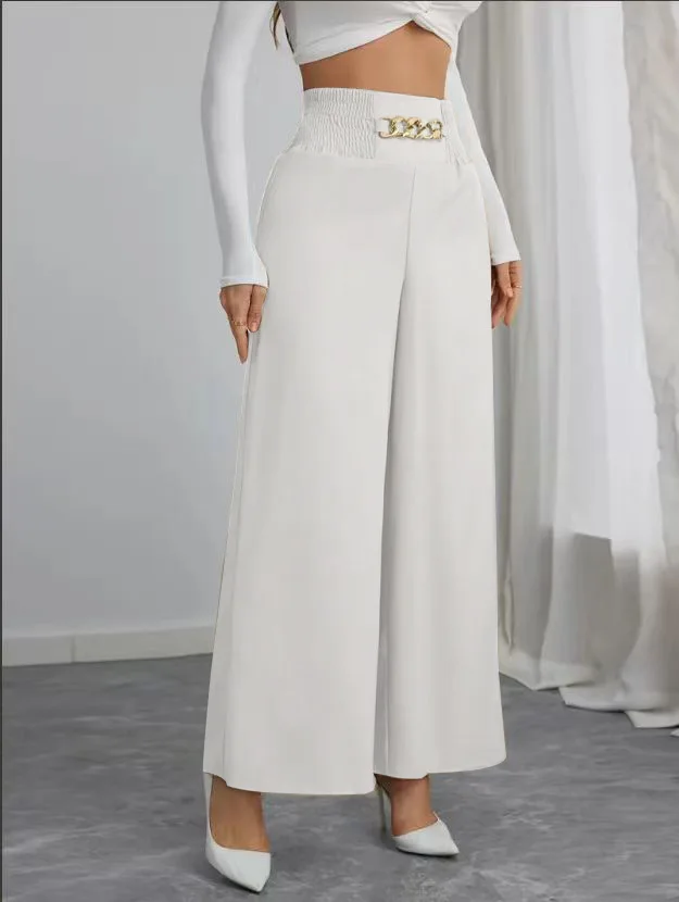 New Women's Trousers Thin High Waist Chain Elastic Waist Khaki Elegant Office Black Casual Wide-leg Pants for Female New Women's Trousers Thin High Waist Chain Elastic Waist Khaki Elegant Office Black Casual Wide-leg Pants for Female