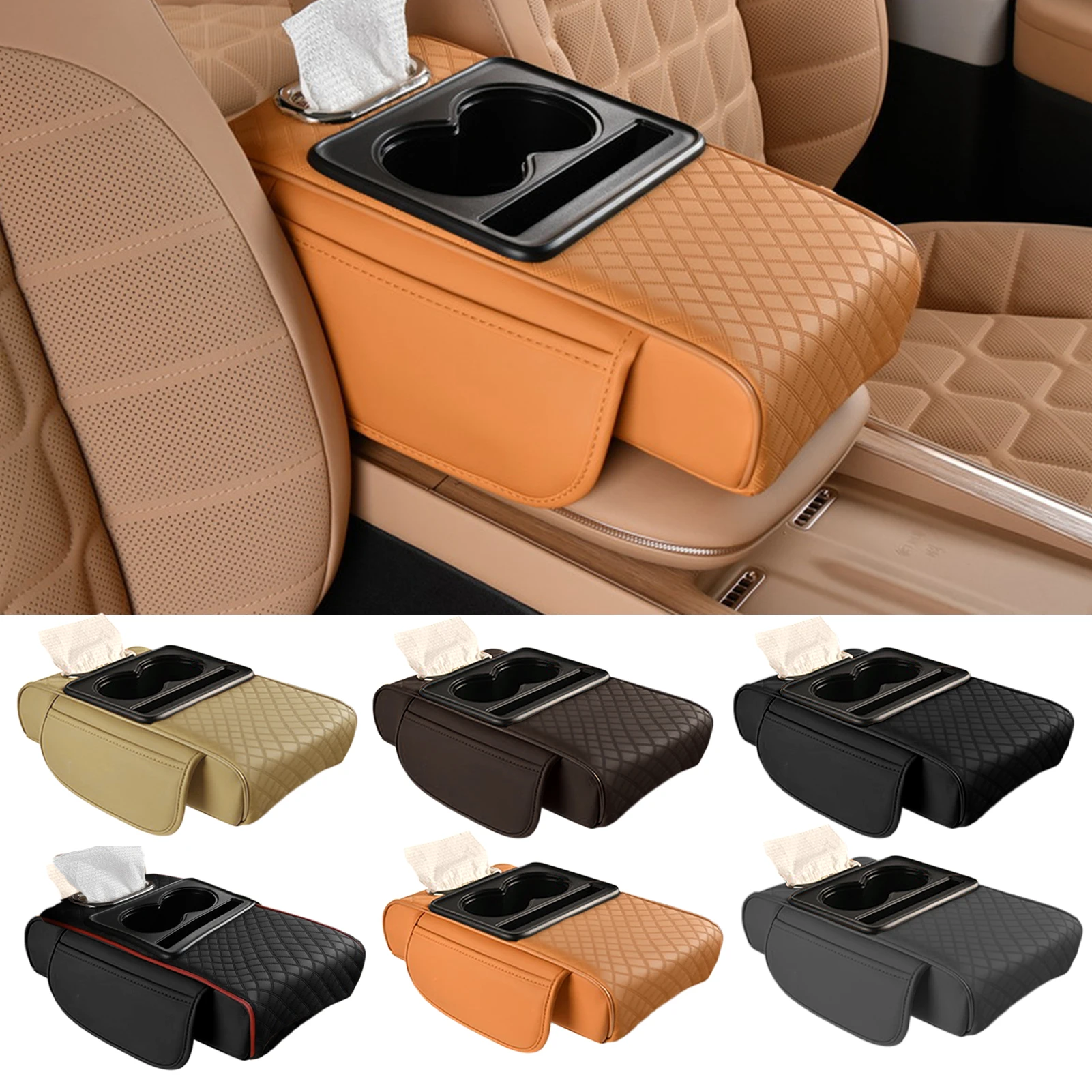 Car Armrest Box Heightening Cushion With Cup Holder Tissue Box Side Storage Pocket For Auto Interior Arm Rest Cover Height Pad Car Armrest Box Heightening Cushion With Cup Holder Tissue Box Side Storage Pocket For Auto Interior Arm Rest Cover Height Pad