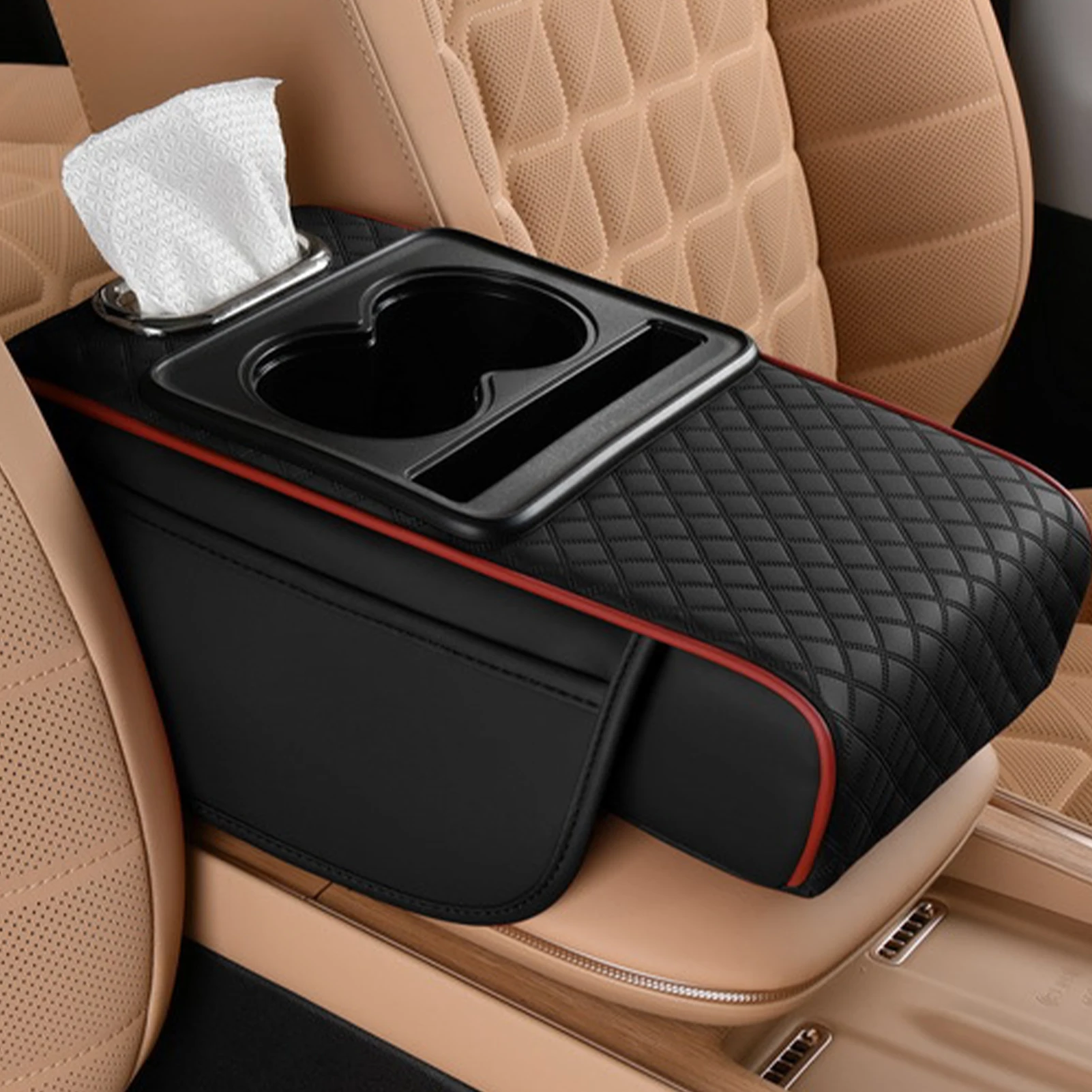 Car Armrest Box Heightening Cushion With Cup Holder Tissue Box Side Storage Pocket For Auto Interior Arm Rest Cover Height Pad Car Armrest Box Heightening Cushion With Cup Holder Tissue Box Side Storage Pocket For Auto Interior Arm Rest Cover Height Pad