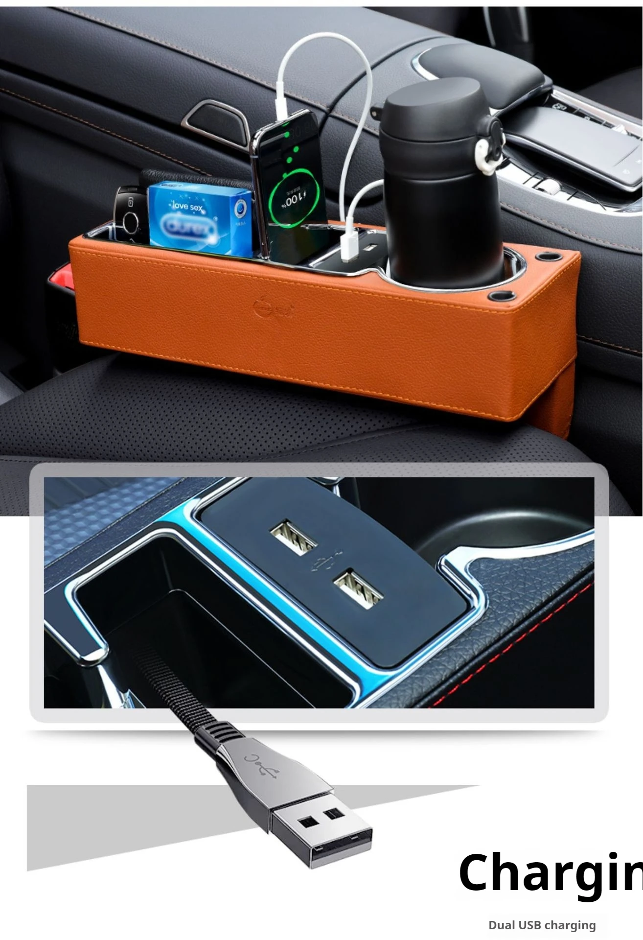 Car Seat Gap Filler Organizer With Cup Holder Front Seat Console Side Pocket With Dual USB Charger PU Leather Car Interior Car Seat Gap Filler Organizer With Cup Holder Front Seat Console Side Pocket With Dual USB Charger PU Leather Car Interior