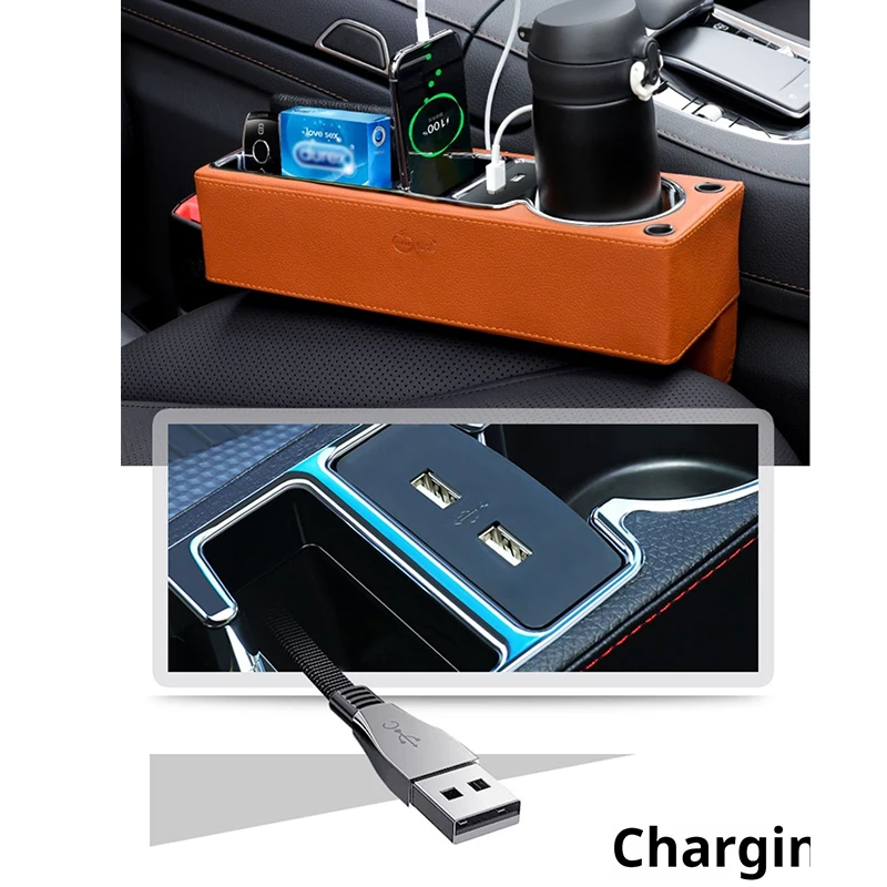 Car Seat Gap Filler Organizer With Cup Holder Front Seat Console Side Pocket With Dual USB Charger PU Leather Car Interior Car Seat Gap Filler Organizer With Cup Holder Front Seat Console Side Pocket With Dual USB Charger PU Leather Car Interior