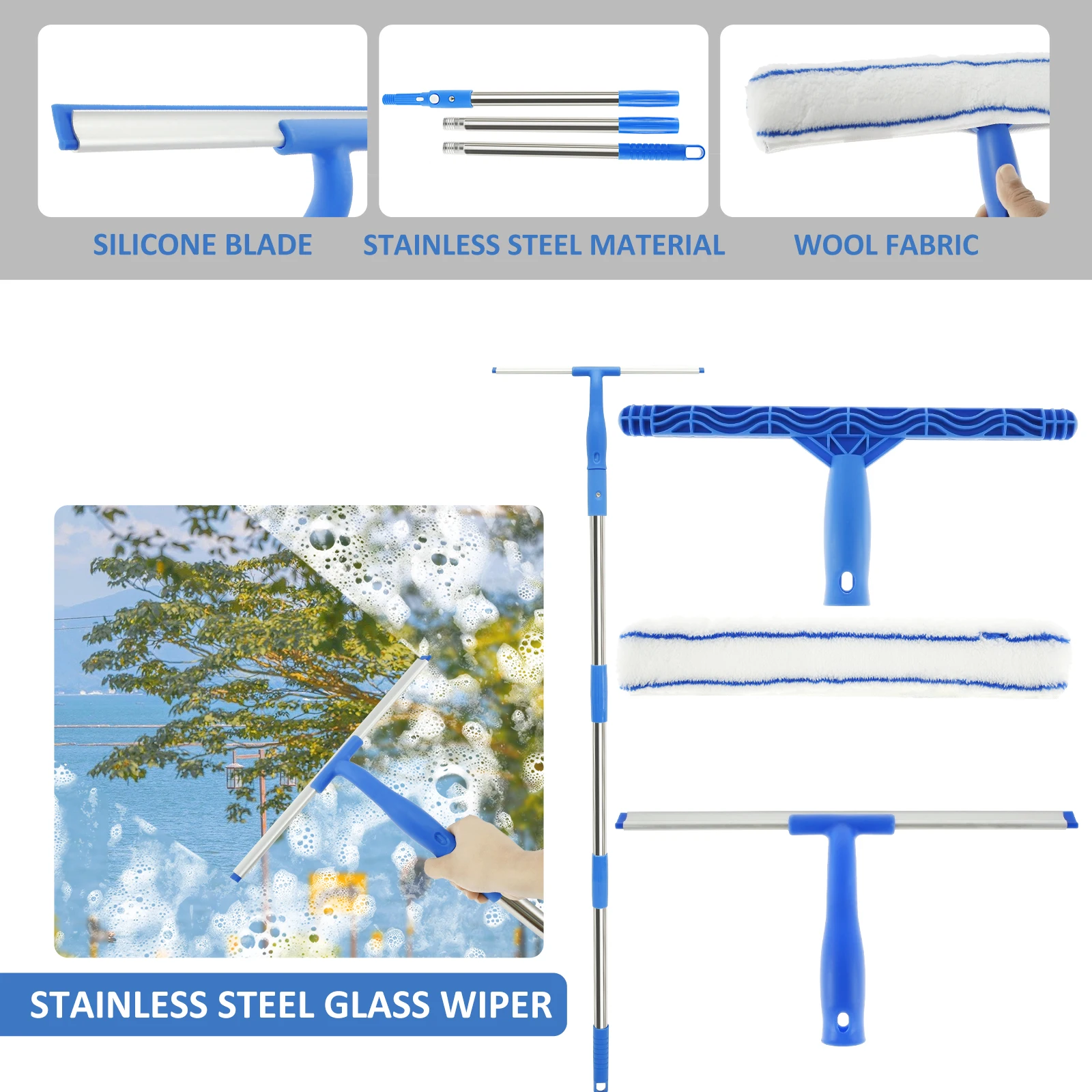 Window Squeegee Cleaner Professional Glass Cleaning Tool Kit Squeegee and Scrubber with 53inch Stainless Steel Pole Removable Window Squeegee Cleaner Professional Glass Cleaning Tool Kit Squeegee and Scrubber with 53inch Stainless Steel Pole Removable