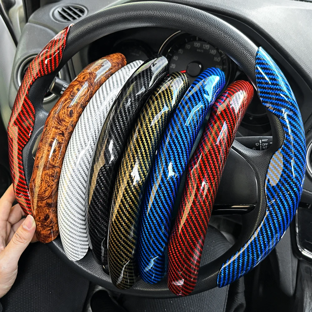 Car Steering Wheel Cover Set, Glossy Carbon Fiber Texture, 2-Piece Breathable and Anti-Slip Grip, Universal Fit Interior Upgrade Car Steering Wheel Cover Set, Glossy Carbon Fiber Texture, 2-Piece Breathable and Anti-Slip Grip, Universal Fit Interior Upgrade